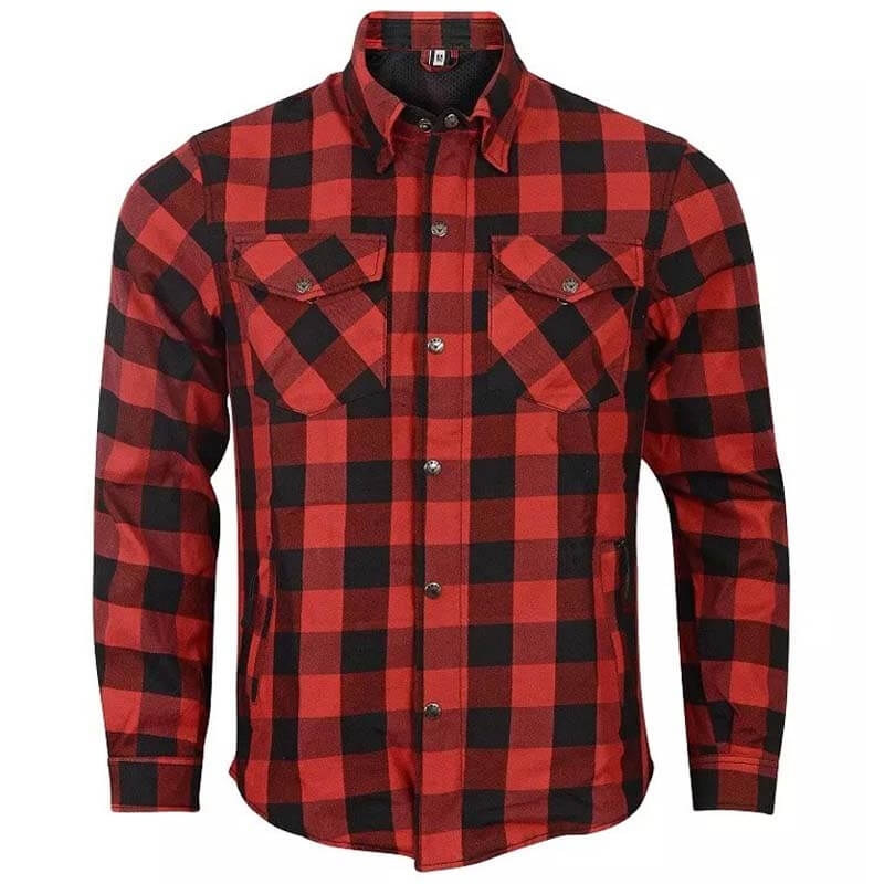 Chemise de moto blindée CE doublée en Kevlar pour homme en flanelle rouge