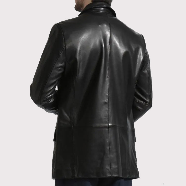 Manteau élégant long en cuir noir pour homme