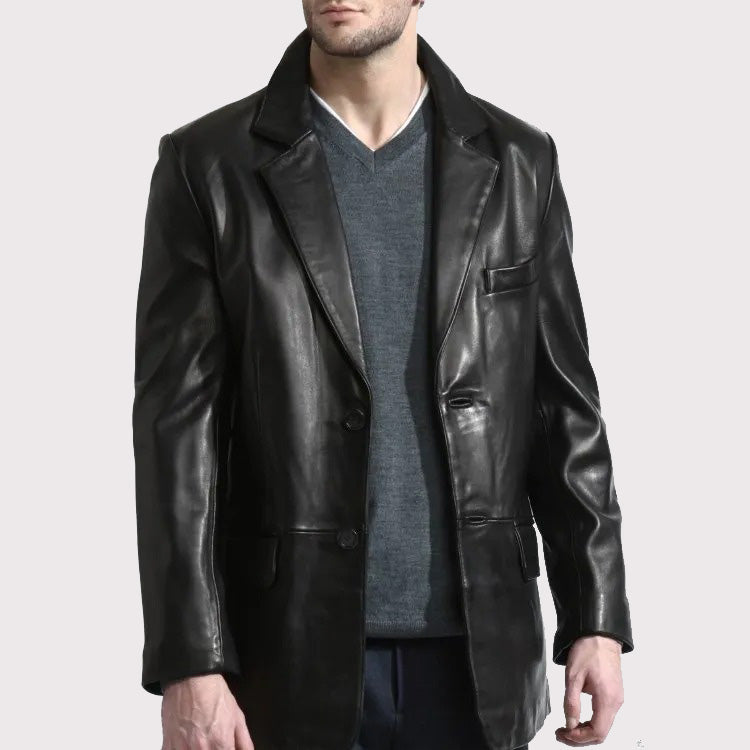 Manteau élégant long en cuir noir pour homme