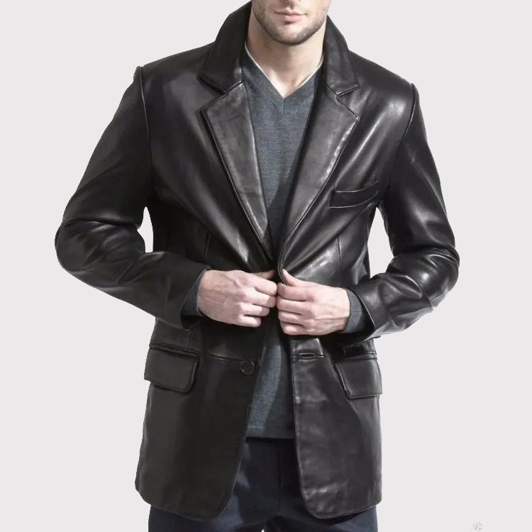 Manteau élégant long en cuir noir pour homme