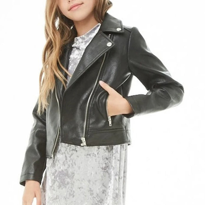 Girls Long Sleeves Black Leather Moto Kids Jacket