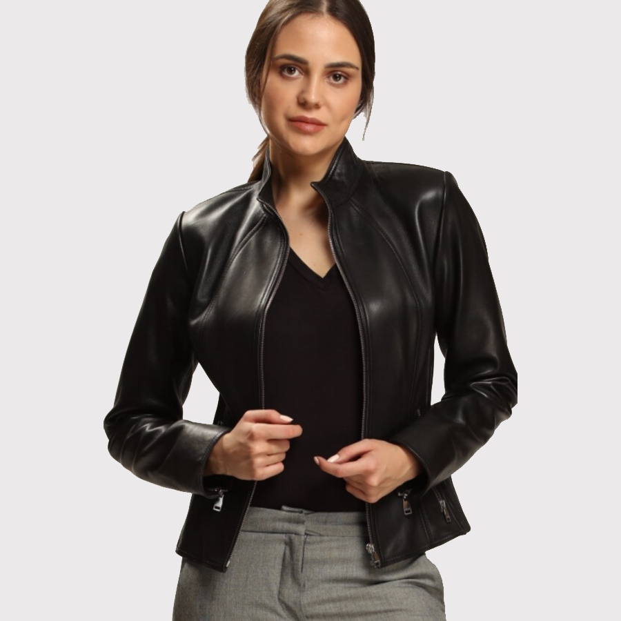 Veste en cuir noir luxueuse au design raffiné pour femme