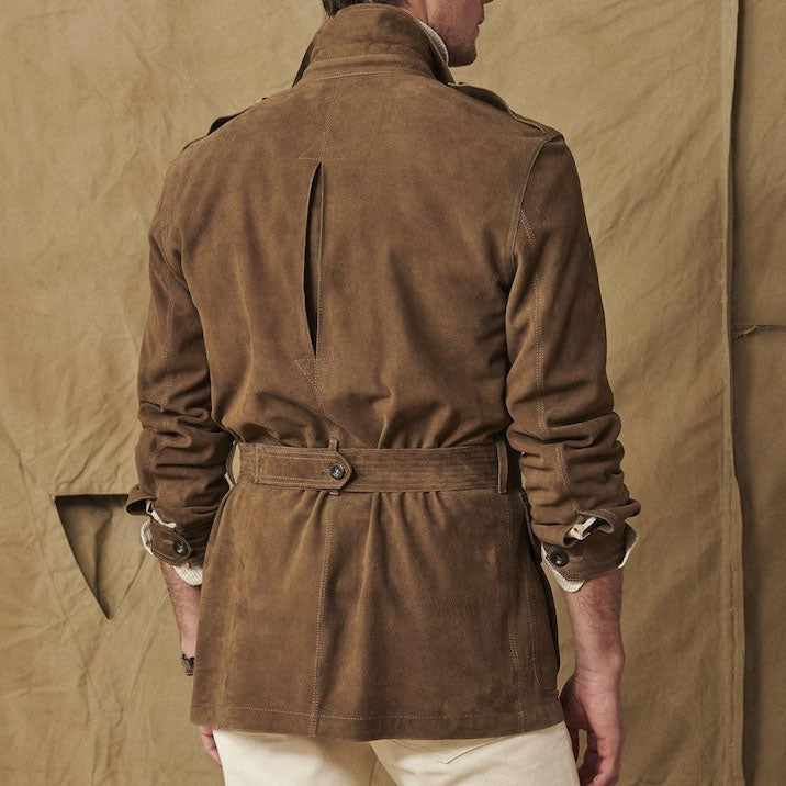 Luxury Safari Jacket with Belt - Suede & Multiple Pockets