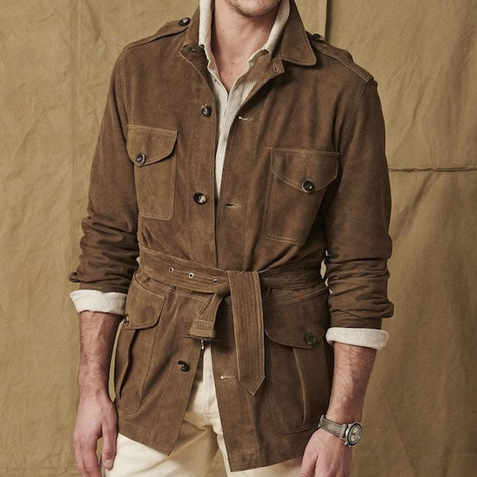 Luxury Safari Jacket with Belt - Suede & Multiple Pockets