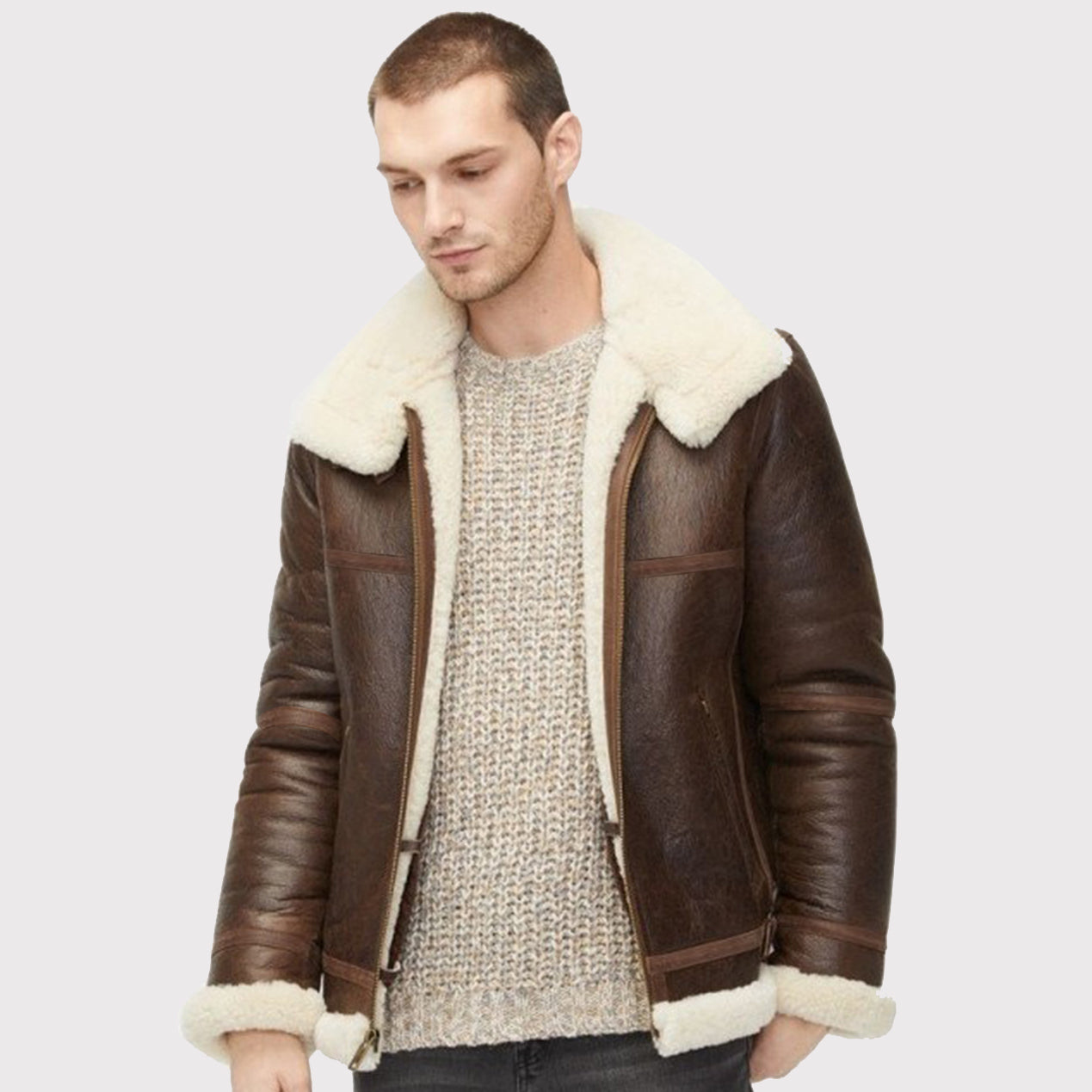 Veste en cuir et peau de mouton aviateur pour homme