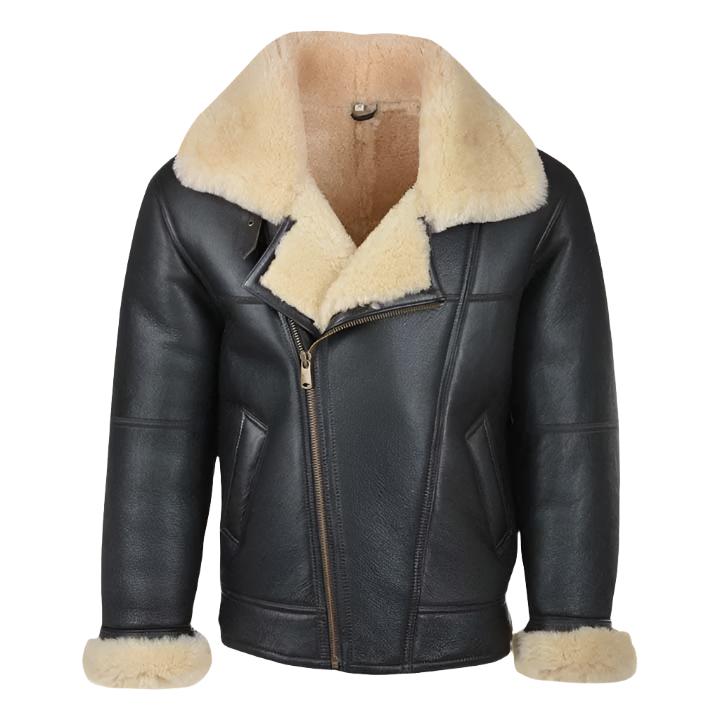 Veste en cuir aviateur en peau de mouton noire B3 pour homme