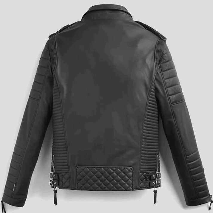 Veste motard matelassée en cuir noir pour homme avec fermetures éclair