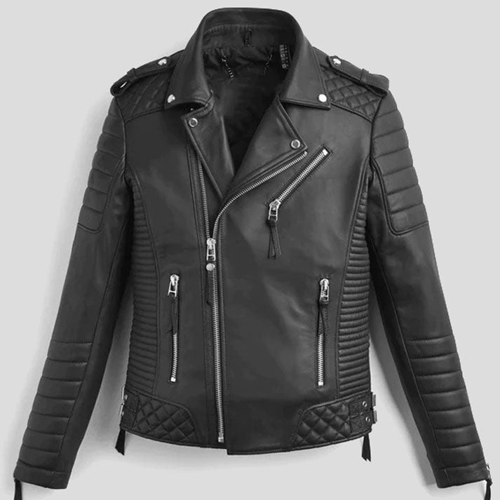 Veste motard matelassée en cuir noir pour homme avec fermetures éclair