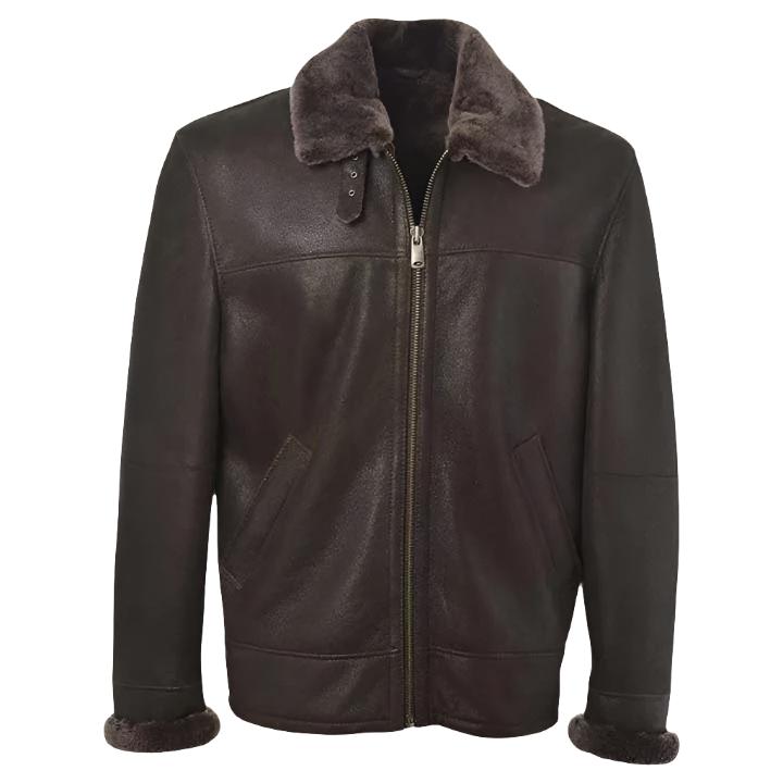 Veste en cuir aviateur en peau de mouton marron pour homme