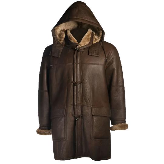 Manteau à capuche en peau de mouton marron pour homme