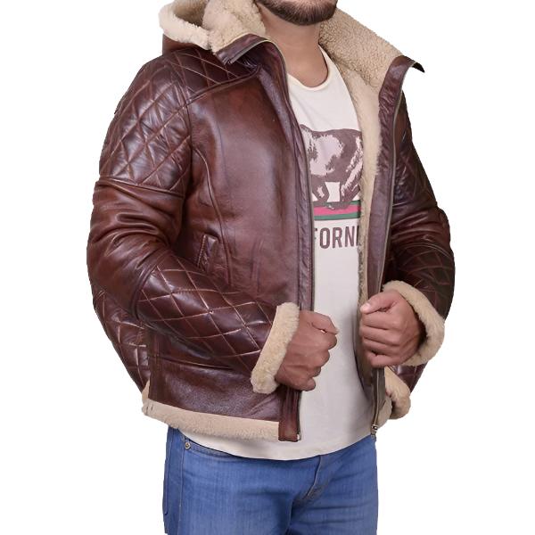 Veste en peau de mouton marron pour homme avec capuche