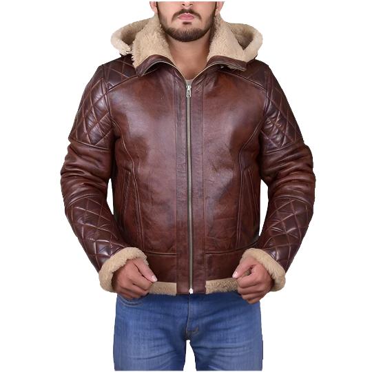 Veste en peau de mouton marron pour homme avec capuche