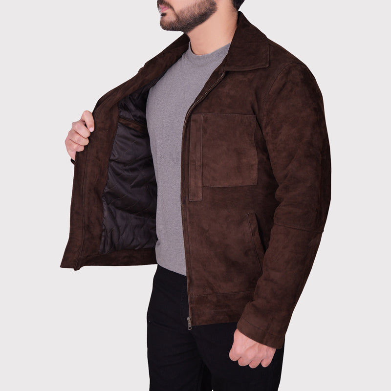 Veste en cuir suédé marron foncé pour homme