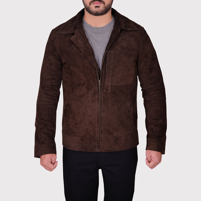 Veste en cuir suédé marron foncé pour homme