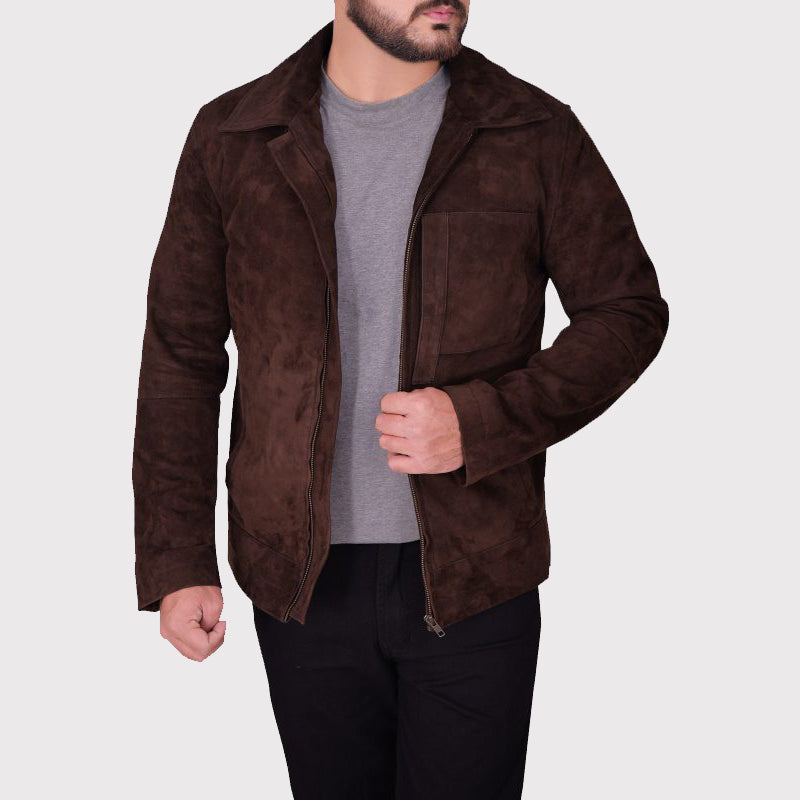 Veste en cuir suédé marron foncé pour homme