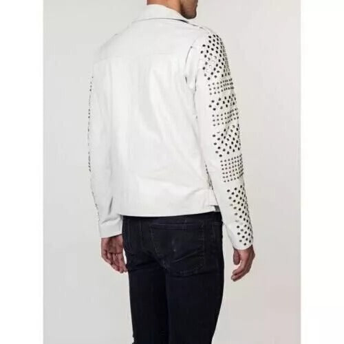 Veste en cuir blanc pour homme - Veste en cuir de vachette véritable cloutée style punk