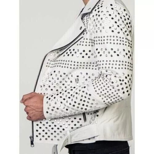 Veste en cuir blanc pour homme - Veste en cuir de vachette véritable cloutée style punk