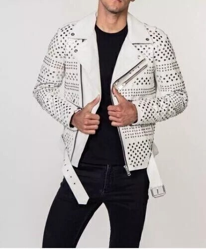 Veste en cuir blanc pour homme - Veste en cuir de vachette véritable cloutée style punk