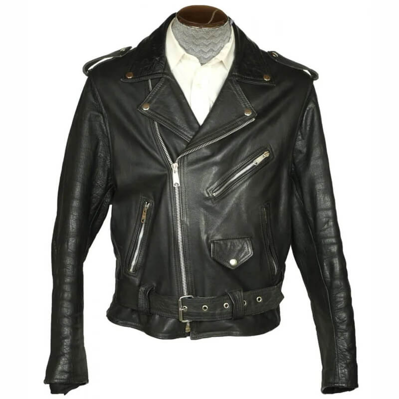 Veste de moto en cuir noir avec ceinture pour homme des années 1960