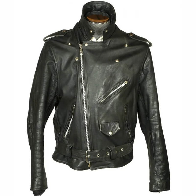 Veste de moto en cuir noir avec ceinture pour homme des années 1960