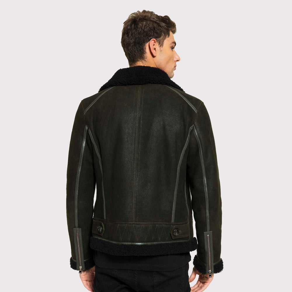 Veste aviateur en peau de mouton pour homme - Vert et noir