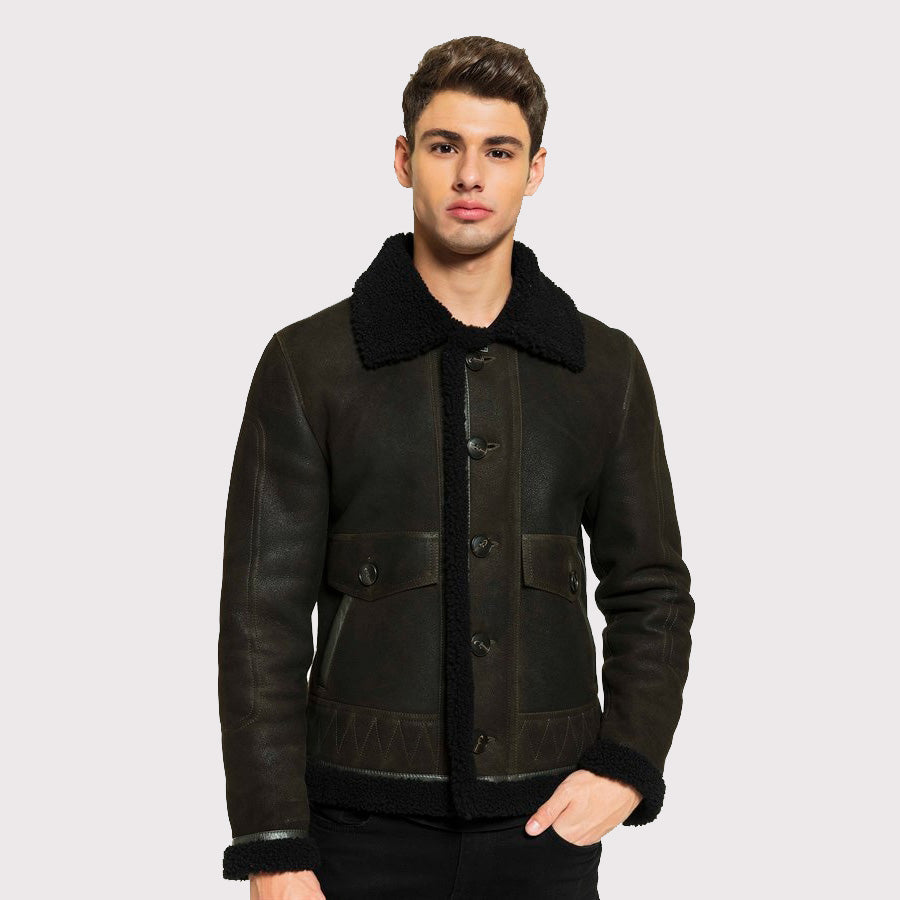 Veste aviateur en peau de mouton pour homme - Vert et noir