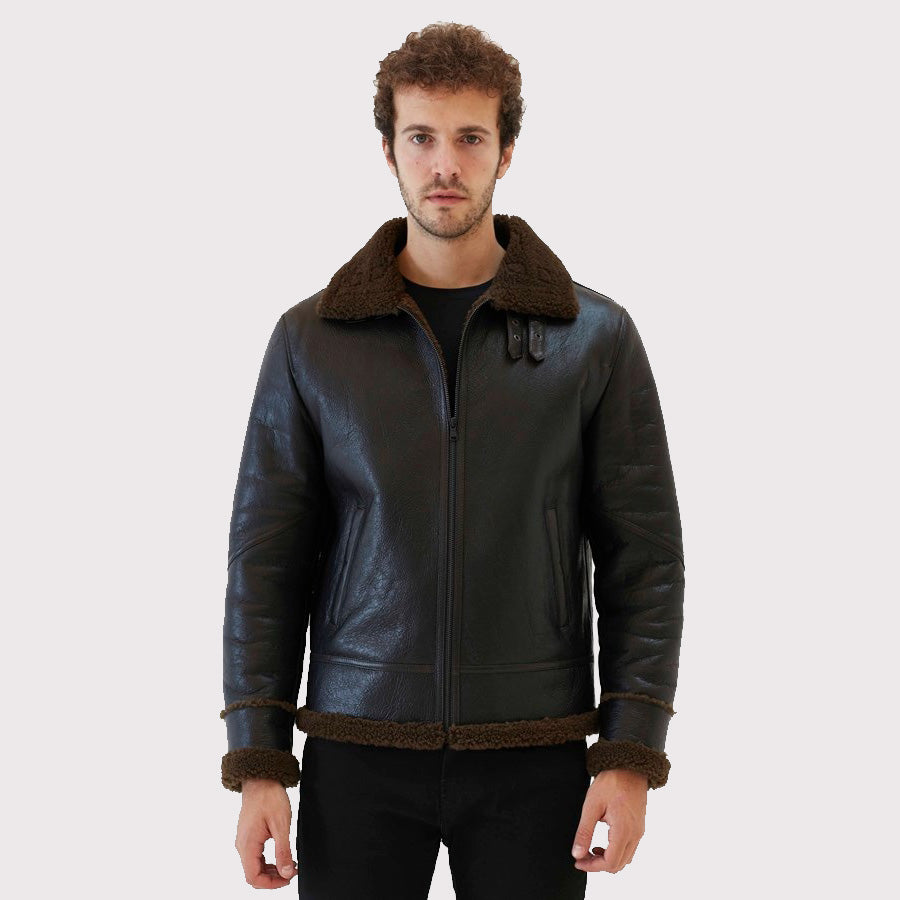 Veste aviateur en peau de mouton marron foncé pour homme de qualité supérieure