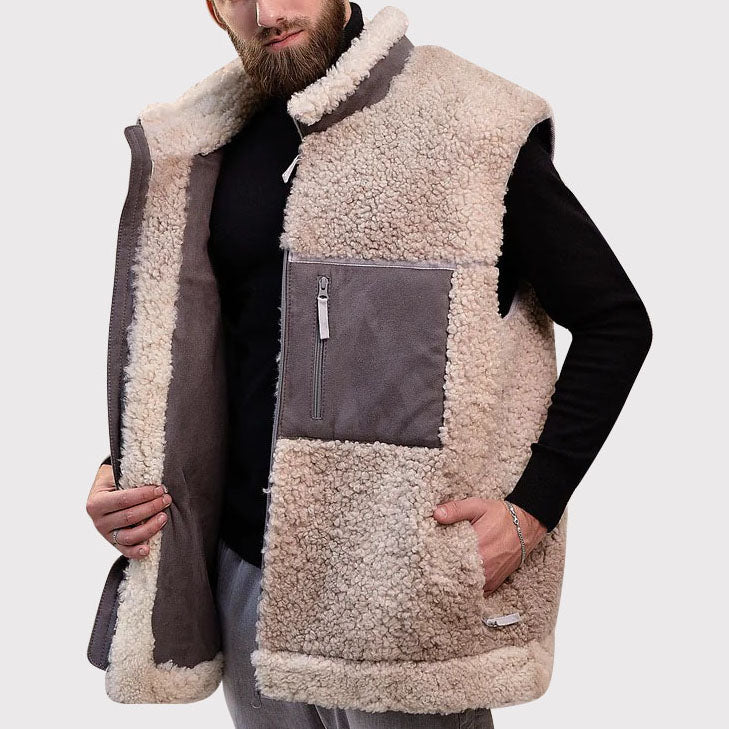 Gilet en peau de mouton beige pour homme avec col en laine