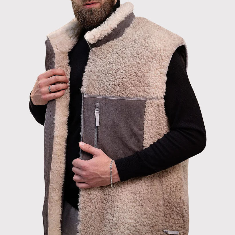 Gilet en peau de mouton beige pour homme avec col en laine