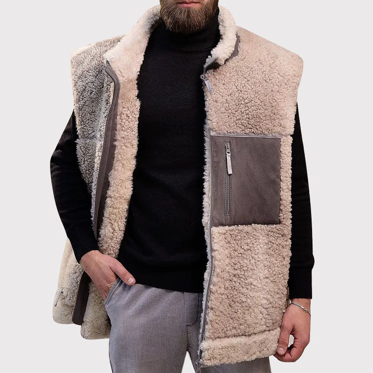 Gilet en peau de mouton beige pour homme avec col en laine