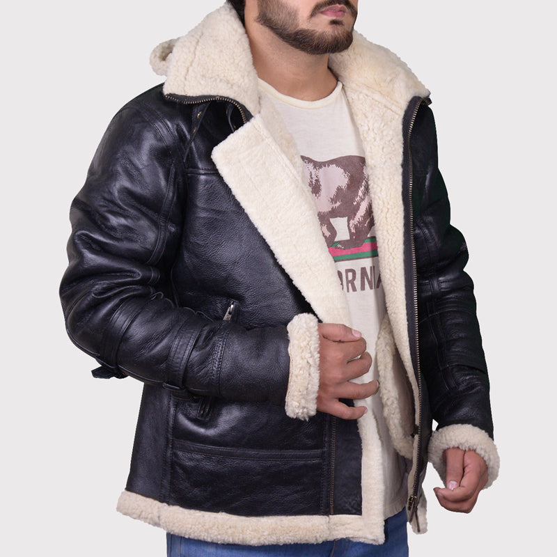 Blouson aviateur en cuir de mouton retourné noir B3 pour homme