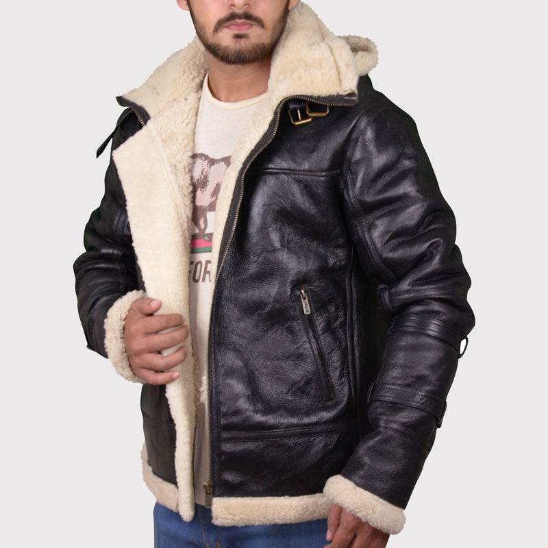 Blouson aviateur en cuir de mouton retourné noir B3 pour homme