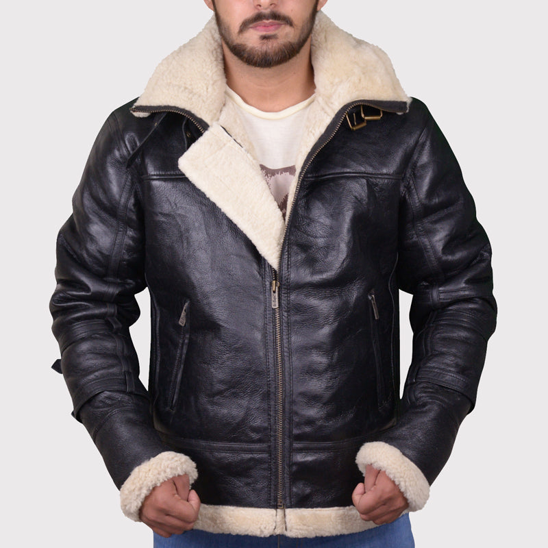 Blouson aviateur en cuir de mouton retourné noir B3 pour homme