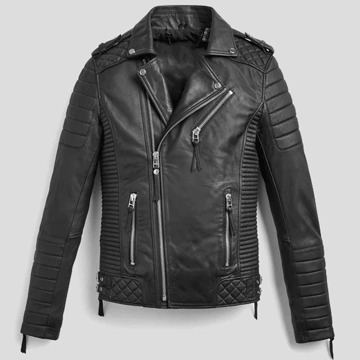 Veste de motard en cuir noir pour homme