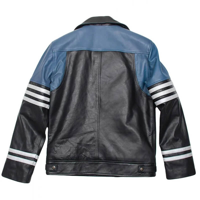 Veste motard en cuir noir et bleu pour homme avec motif rayé