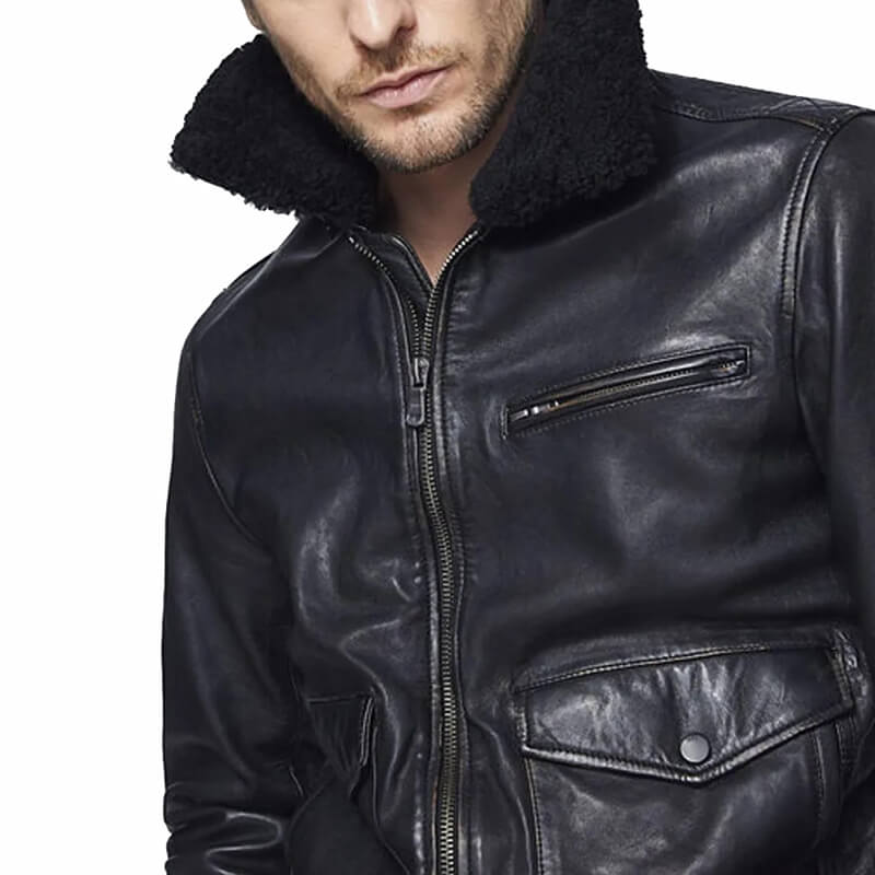 Men’s Bomber Black Leather Jacket with Sherpa Collar