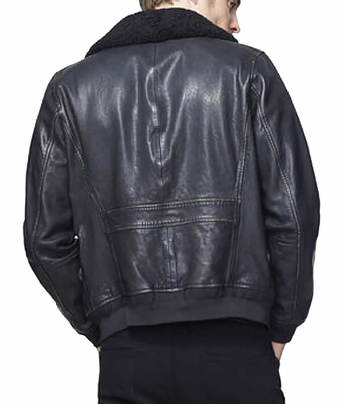 Men’s Bomber Black Leather Jacket with Sherpa Collar