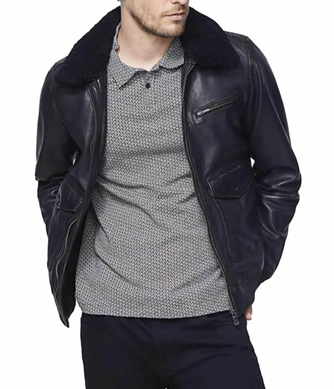 Men’s Bomber Black Leather Jacket with Sherpa Collar