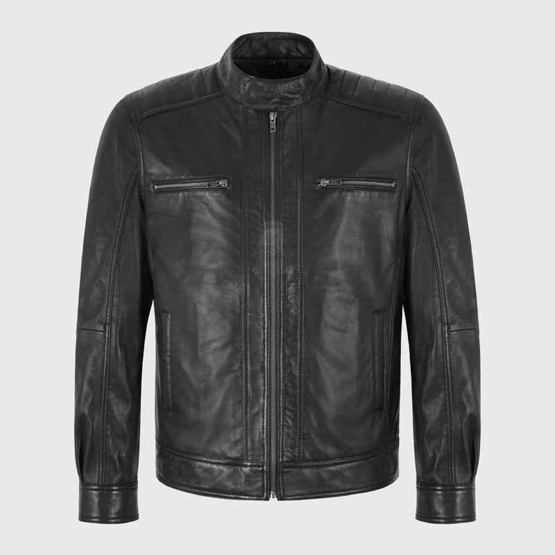 Veste en cuir noir Cafe Racer Moto pour homme