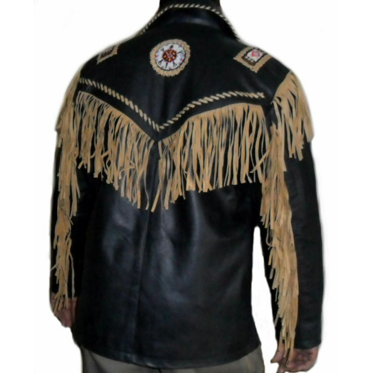 Men's Black Cowhide Leather Vintage Jacket - Fringed and Beaded Western Coat