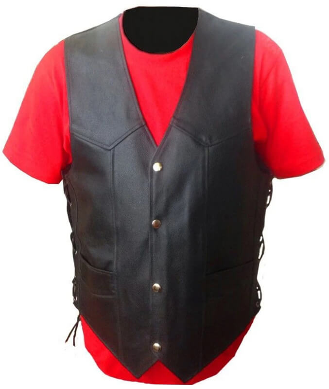 Gilet de motard en cuir véritable noir pour homme avec laçage latéral