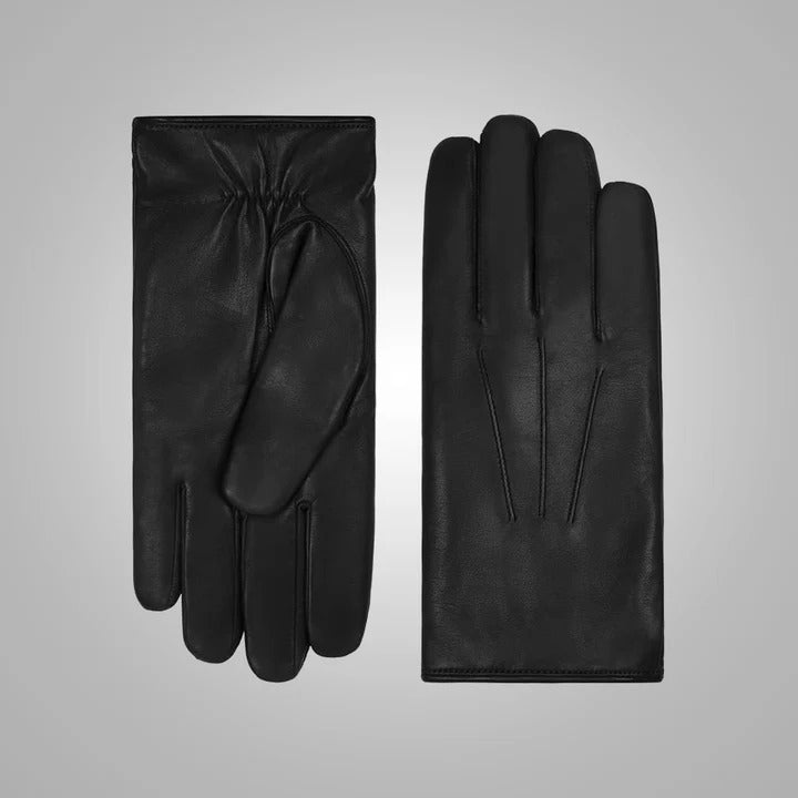 Gants en cuir d'agneau noir pour homme avec doublure en fourrure marron