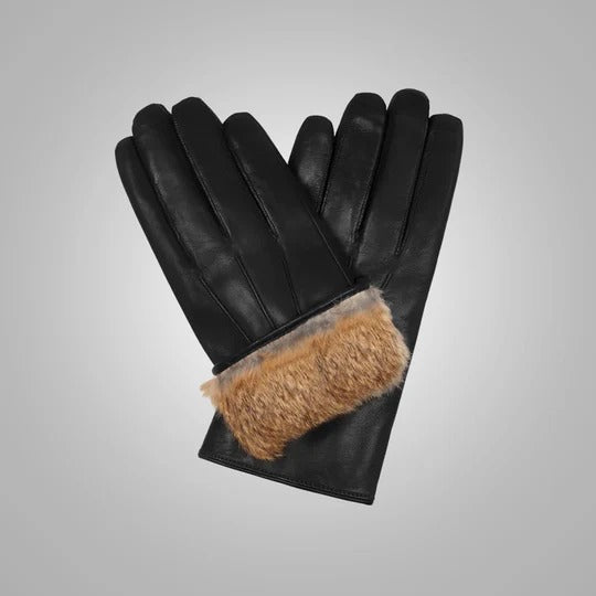 Gants en cuir d'agneau noir pour homme avec doublure en fourrure marron