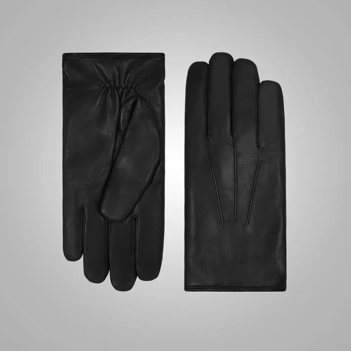 Gants en cuir d'agneau noir pour homme avec doublure en fourrure blanche