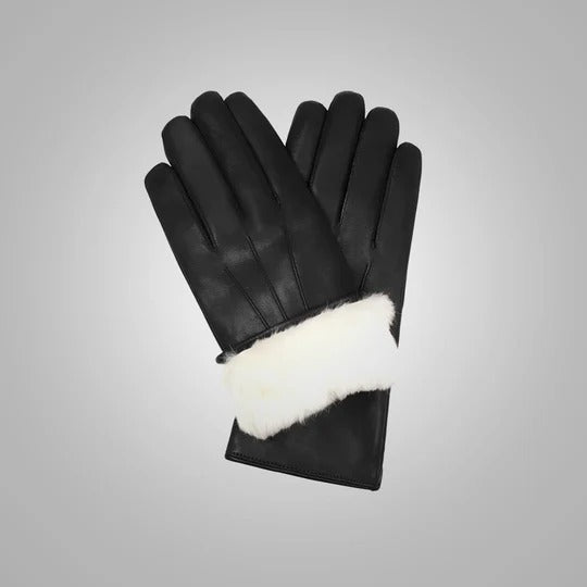 Gants en cuir d'agneau noir pour homme avec doublure en fourrure blanche