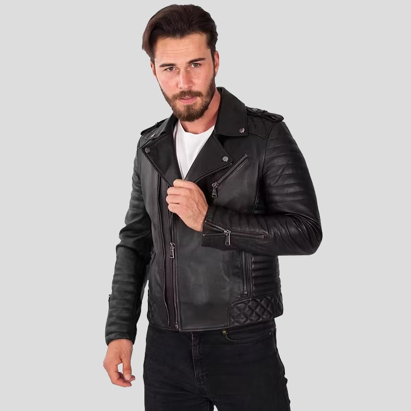 Veste motard en cuir d'agneau noir pour homme