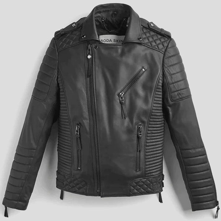 Veste motard en cuir noir pour homme avec motif