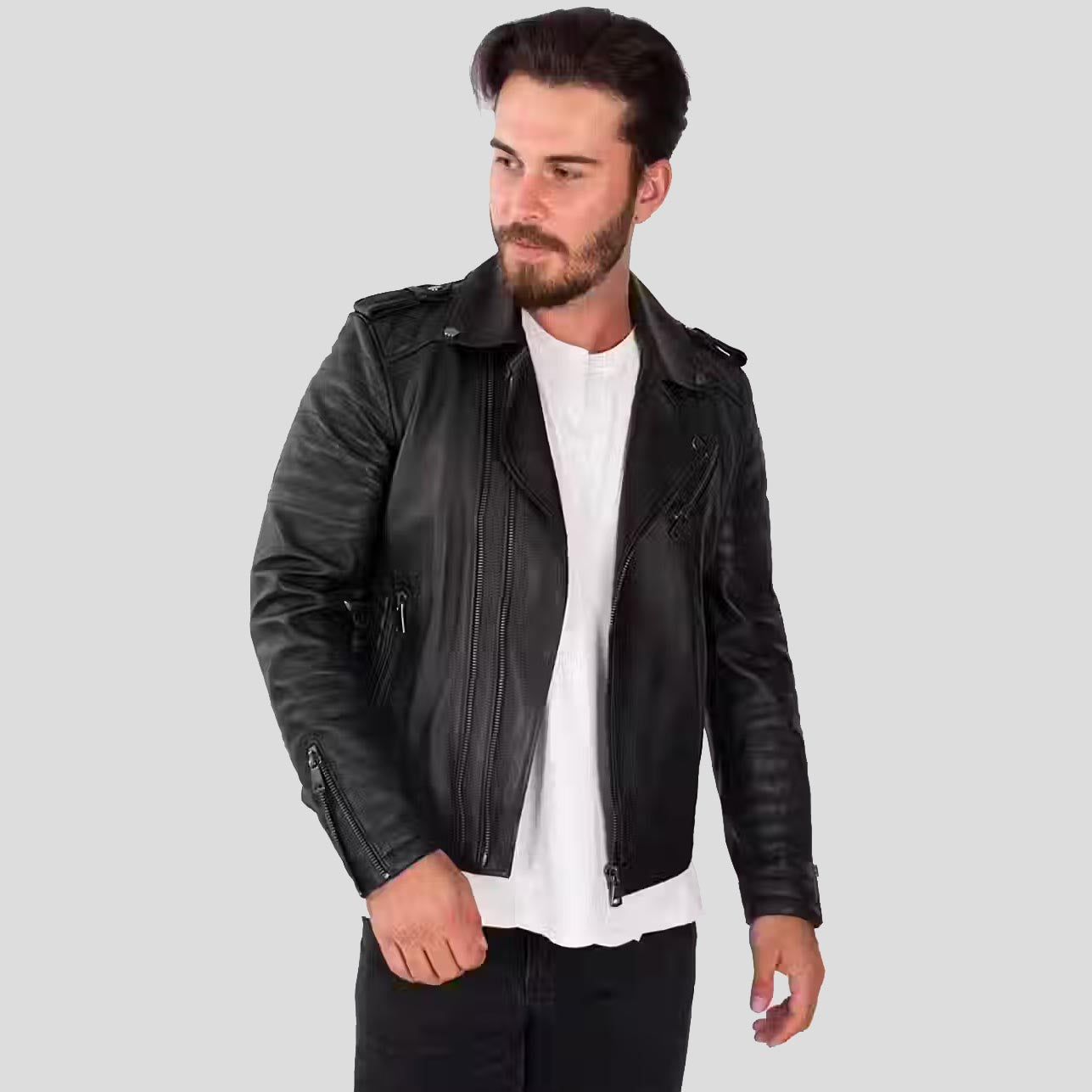 Veste motard en cuir d'agneau noir pour homme