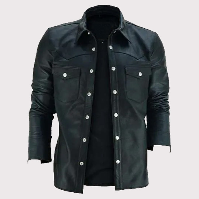 Chemise classique à col en cuir noir pour homme - Style intemporel