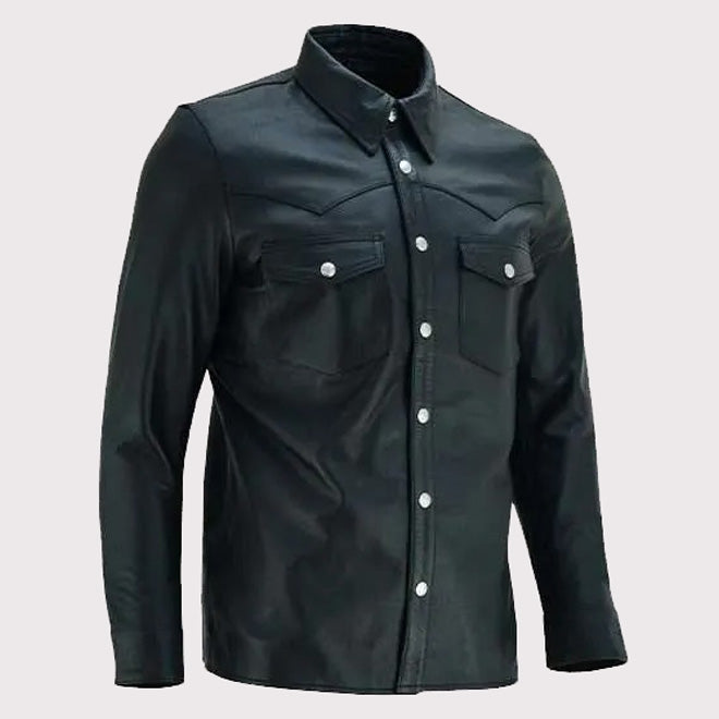 Chemise classique à col en cuir noir pour homme - Style intemporel